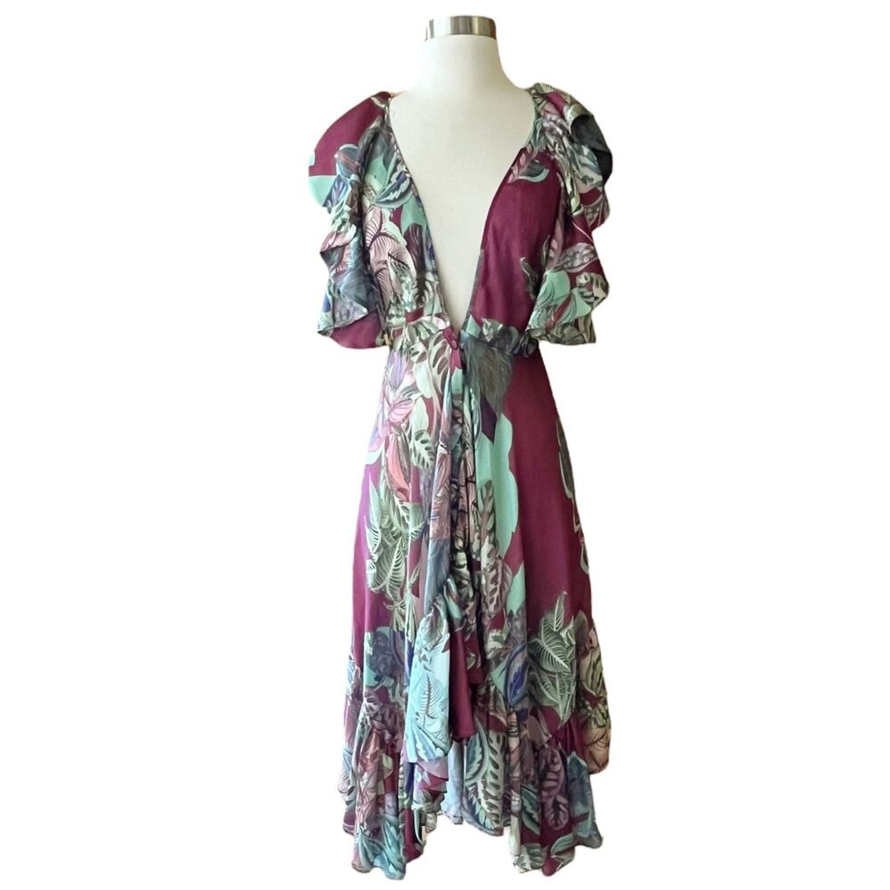 PATBO Tent Dress Red Floral Dress Ruffle Short Sleeves Plungeline Small EUC